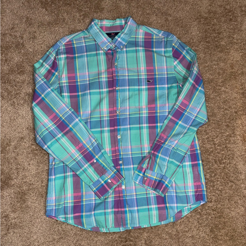 Vineyard Vines Men's Blue and Pink Plaid Shirt